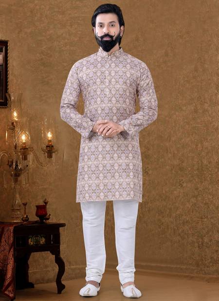 Light Brown Colour New Printed Ethnic Wear Cotton Mens Kurta Pajama Collection KS 1534
